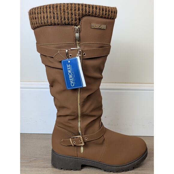 NEW Cherokee Womens Tall Boots 8 Brown Slouchy Knit Cuff Zip Buckle Lug Sole - Picture 12 of 12